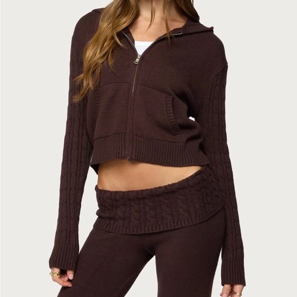 Edikted Brown Knit Hoodie Zip-Up Sweater - Picture 7 of 7